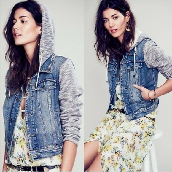 Free People Blue Denim Jacket with Gray Sleeves - Picture 11 of 12